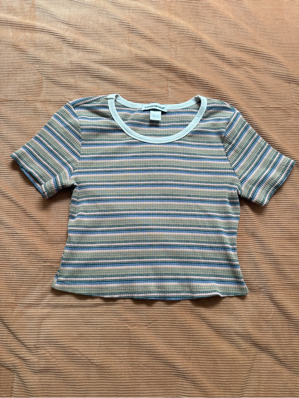 Striped Ribbed Tee with Pastel Blue Trim Cotton